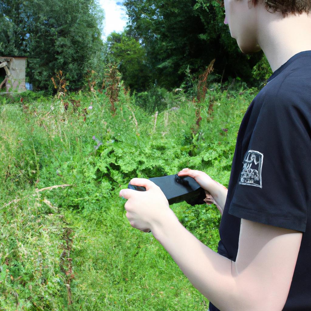Person playing video game, farming