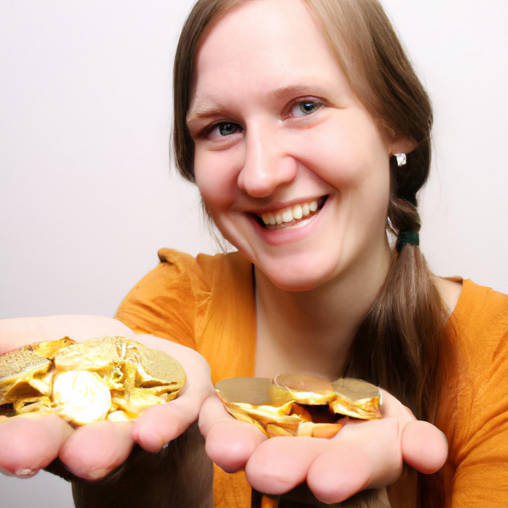 Person holding gold coins, smiling